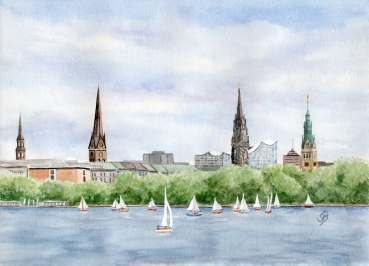 Postkarte DIN-A6 Aquarell Maritim Kunst Druck Kunstdruck Nordsee Hamburg - Binnenalster - Kleiner Binnensee - HH1